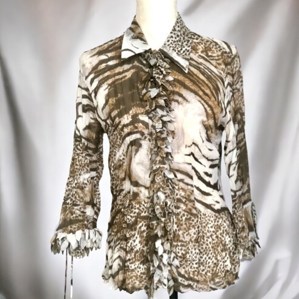 VIOLET & CLAIRE Size Medium Women's Animal Print Blouse Fringe Sheer Size M
